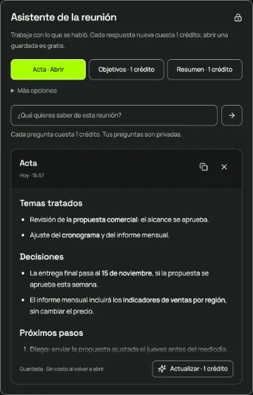 El asistente de la reunión con el acta: temas tratados, decisiones y próximos pasos