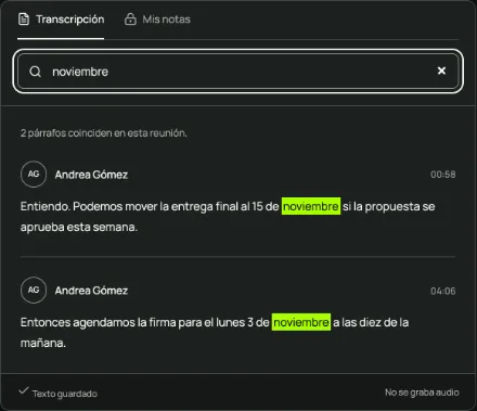 Búsqueda de la palabra “noviembre” resaltada en la transcripción de una reunión de ejemplo