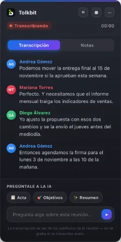 El panel de la extensión de Tolkbit durante una reunión de ejemplo: la transcripción en vivo con el nombre de cada persona