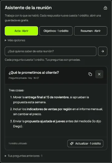 La pregunta “¿Qué le prometimos al cliente?” con la respuesta: tres compromisos con sus fechas